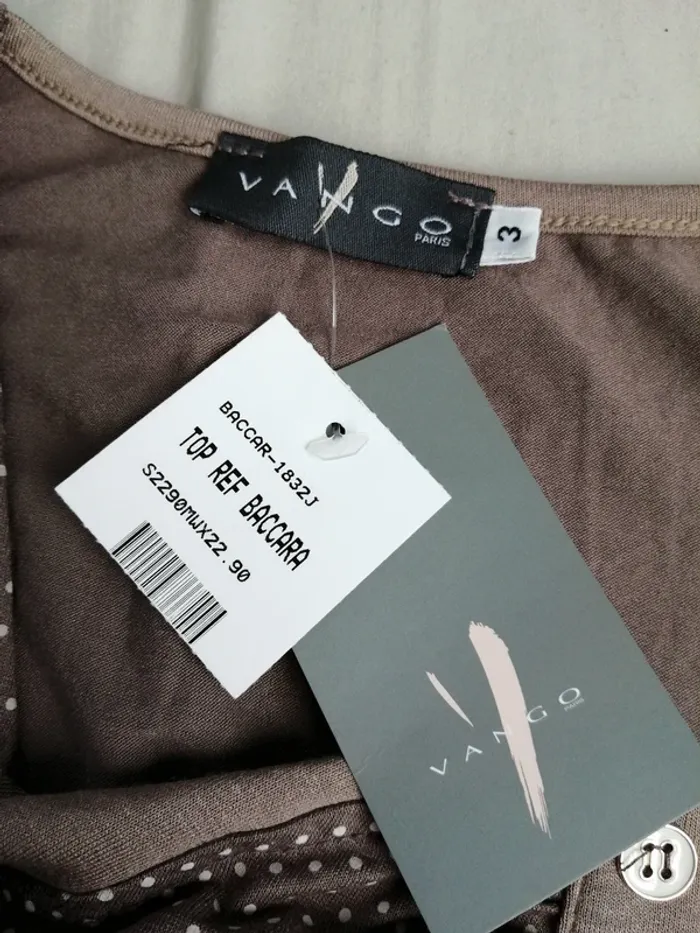 Top marron à pois blancs, encolure carré plissée avec boutons / vango paris / (T3, L) - photo numéro 2