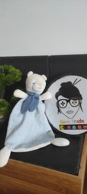 H & M Doudou plat ours rayé bleu beige echarpe rayure lama blanc chat