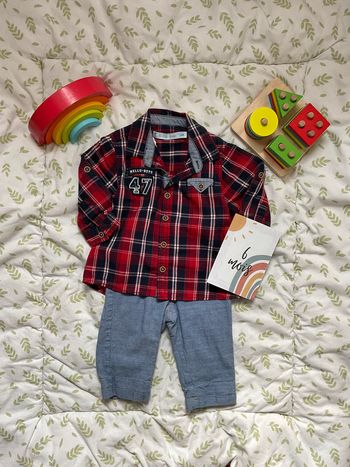 ensemble chemise manches longues à carreauxmarine et rouge gémo et pantalon bleu kiabi 6 mois