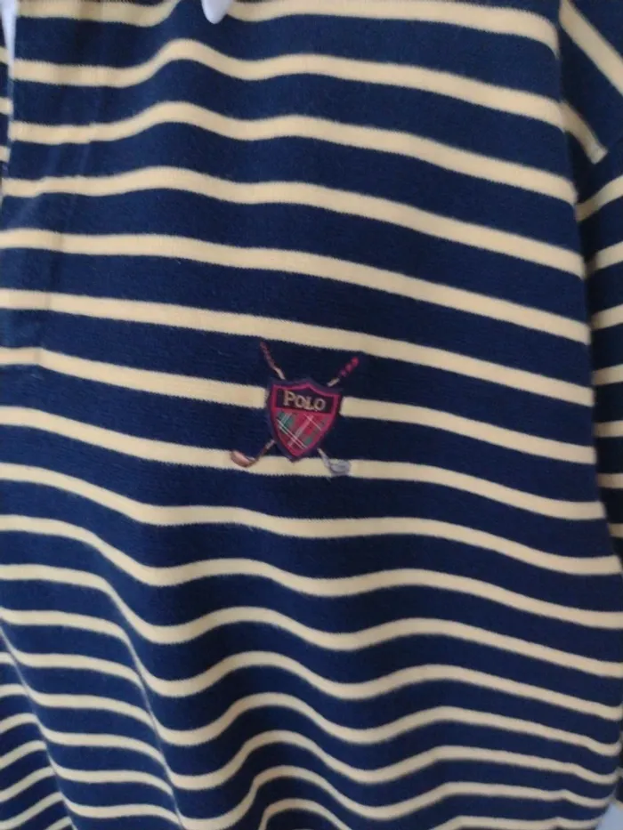 Polo vintage rugby Ralph Lauren rayé bleu marine et jaune – Taille XL – Col blanc zippé et bouton - photo numéro 4