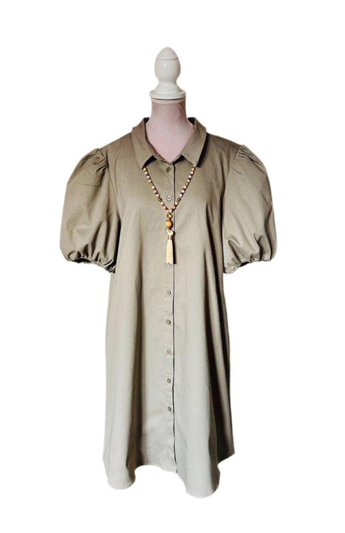 🧡🌿Robe chemise manches bouffantes taille 42 gris taupe chic & décontracté Puff Sleeves short dress🌿🧡 - photo numéro 9