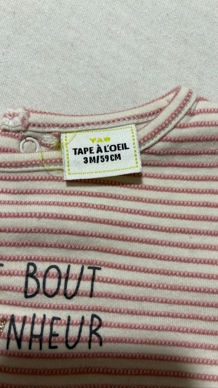 🌸 Pull beige à lignes roses « Petit bout de bonheur » – Tape à l’œil – 3 mois - photo numéro 3