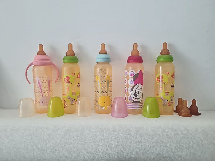 🌸 Lot de 5 biberons bébé 330 ml Tigex / Lapin - Minnie – Très bon état