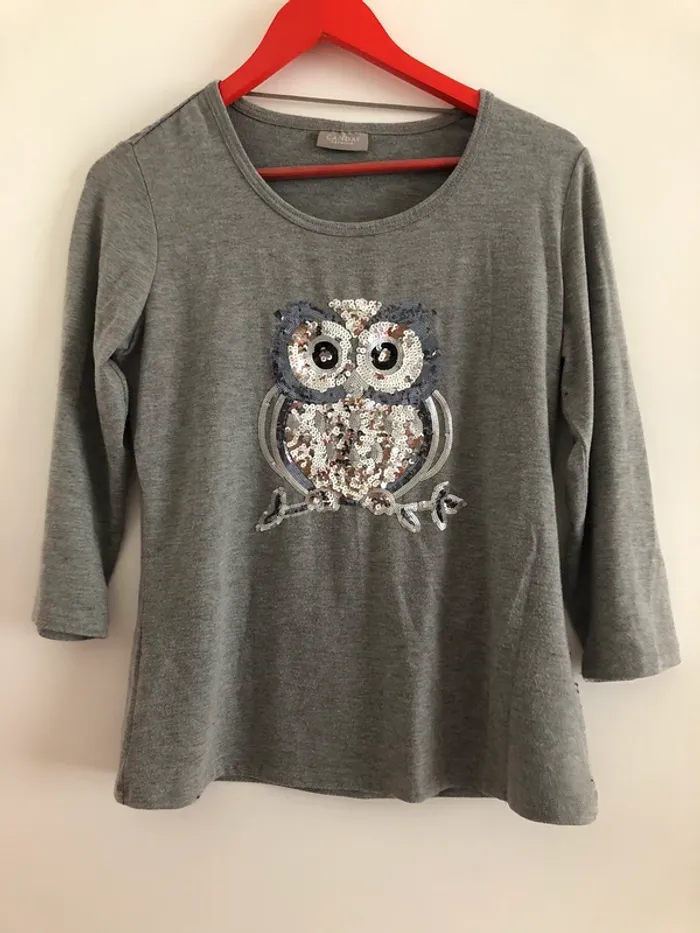 TEE shirt gris avec chouette en paillettes - photo numéro 2