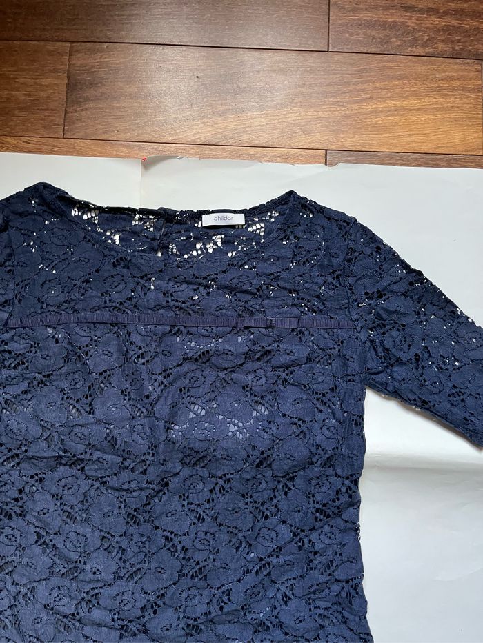 Haut / T-shirt manches courtes vintage bleu marine en dentelle taille S/36 - photo numéro 3