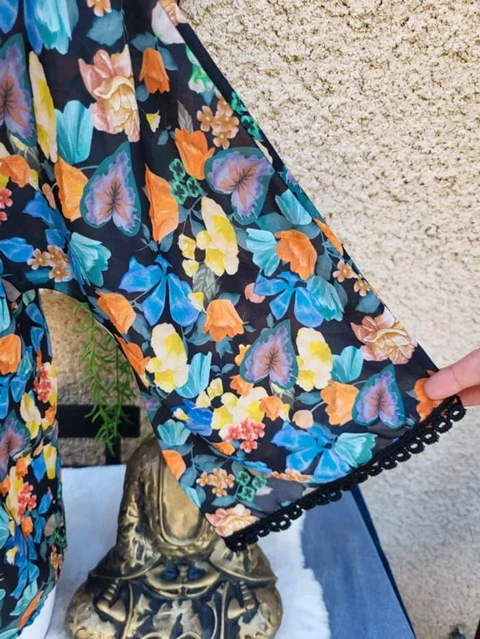 Chemise courte fluide fleuri noir multicolore broderie cloothes taille 42 - photo numéro 6