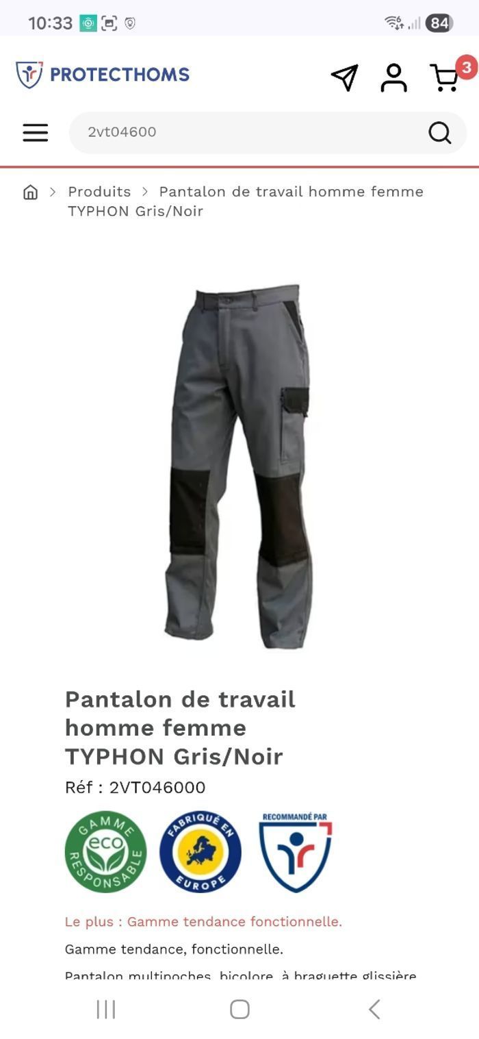Lot de 3 pantalons de travail neufs avec étiquettes
