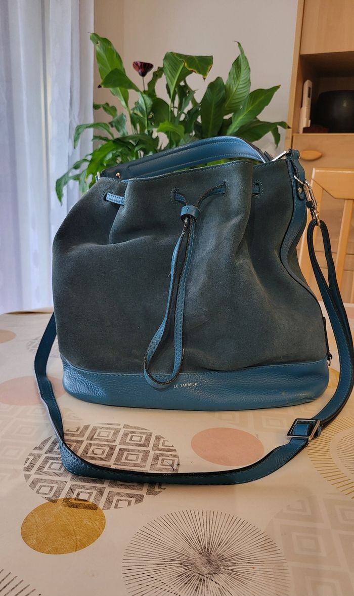 Le Tanneur Sac Seau-Gamme Insolente en Bleu Canard -Cuir&Velours vachette-Porté Epaule ou Main en BE - photo numéro 5