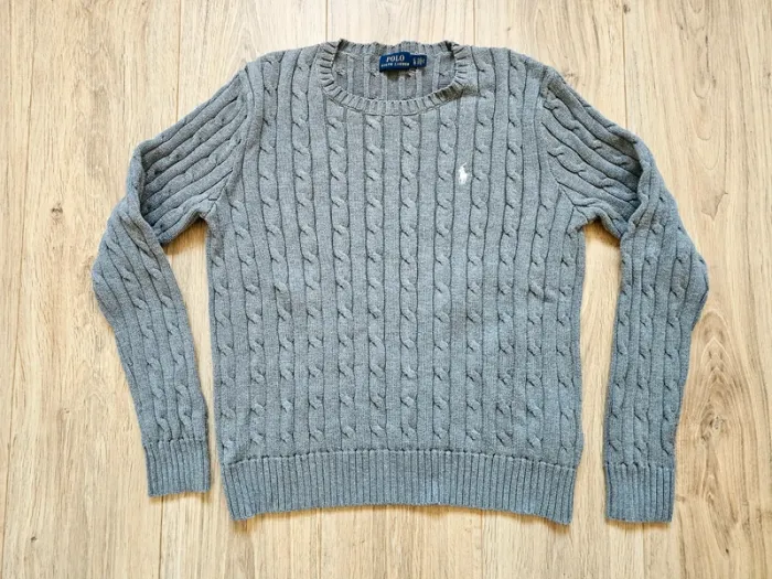 Pull Ralph Lauren torsadé cable knit twisted col gris blanc L femme - photo numéro 3
