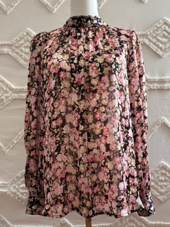 Blouse fleurie transparente col montant plissé – H&M – Taille L – style coquette romantique vintage