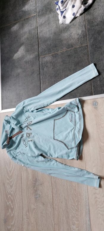 Polo d équitation, manches longues, bleu clair et gris, Fouganza, taille 12 ans