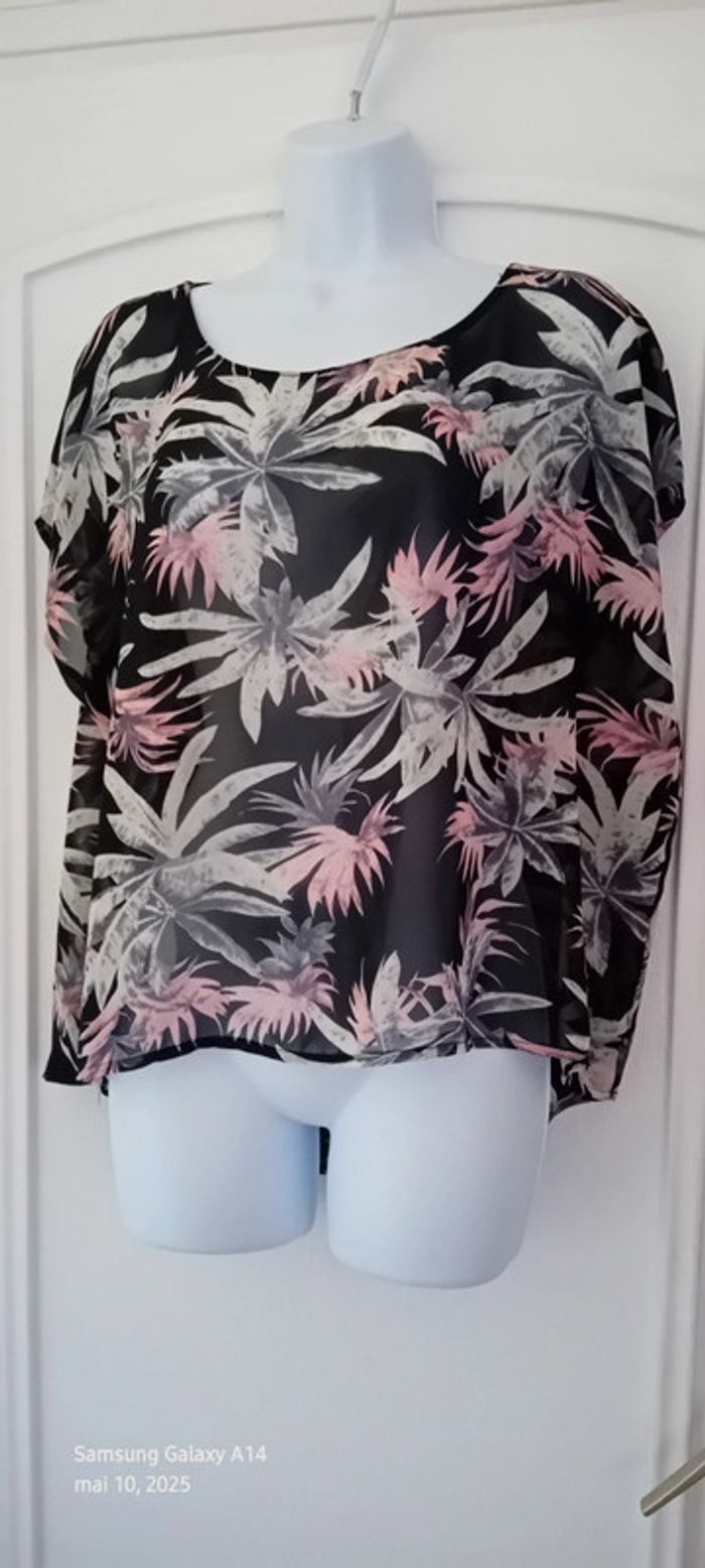 Blouse oversize en voile motif fleurs tropicales noir femme M amisu - photo numéro 7