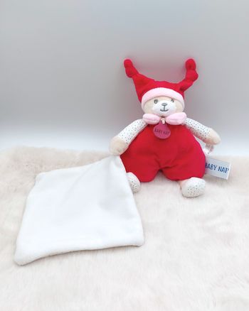 Doudou peluche ours Brioche rose fuchsia BABY NAT BN0733 mouchoir blanc pois