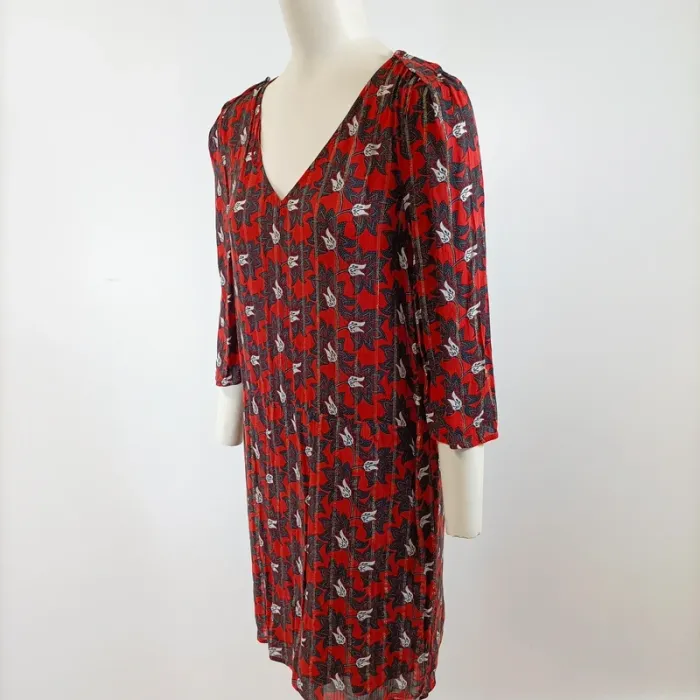Robe fluide Bonobo imprimé fleuri rouge et noir, col V, manches 3/4, taille S A1572 - photo numéro 4
