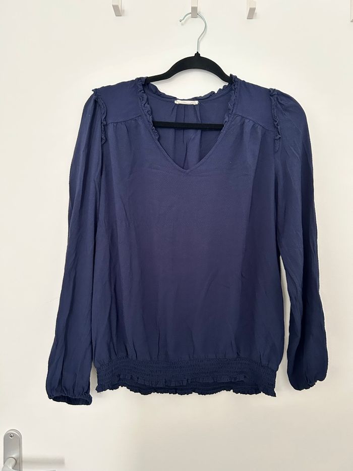 Blouse bleu marine manches longues élastique à la taille et poignets matière plumetis Cache Cache 40