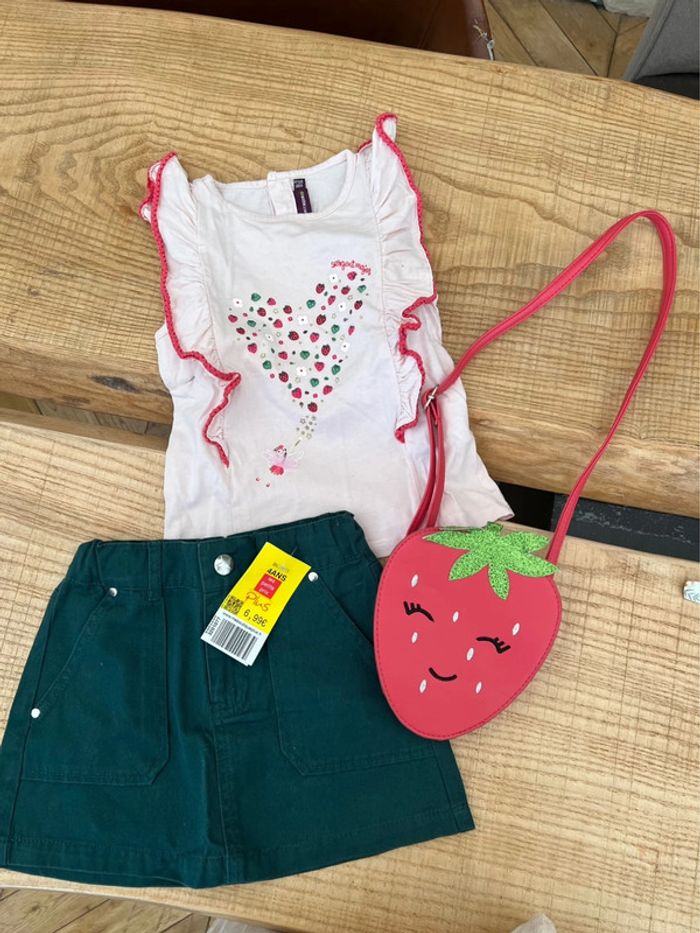 Ensemble 4 ans jupe neuf vert fraise sergent major t-shirt sac à main - photo numéro 2