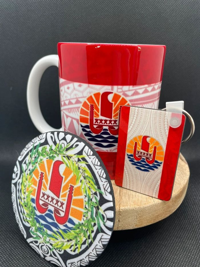 🌺 Coffret Tahiti – Mug + Sous-tasse + Porte-clé