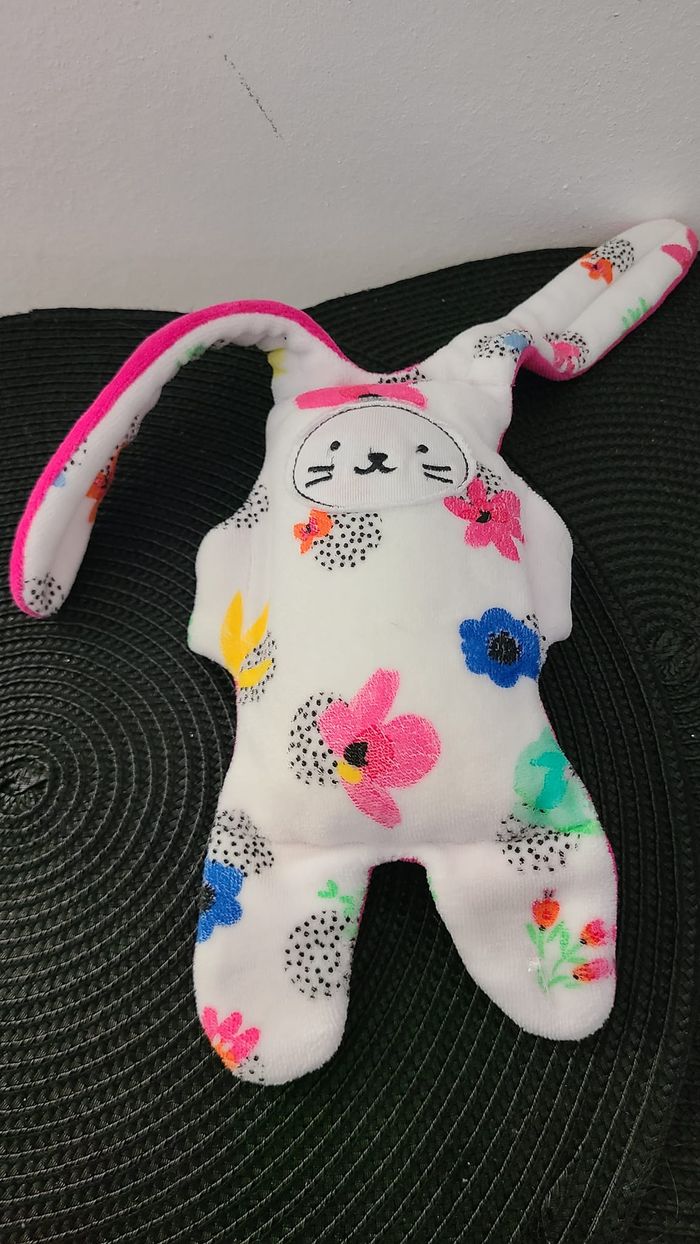 DOUDOU LAPIN CATIMINI FLORAL FLEURS PELUCHE DOUBLE FACE non utilisé
