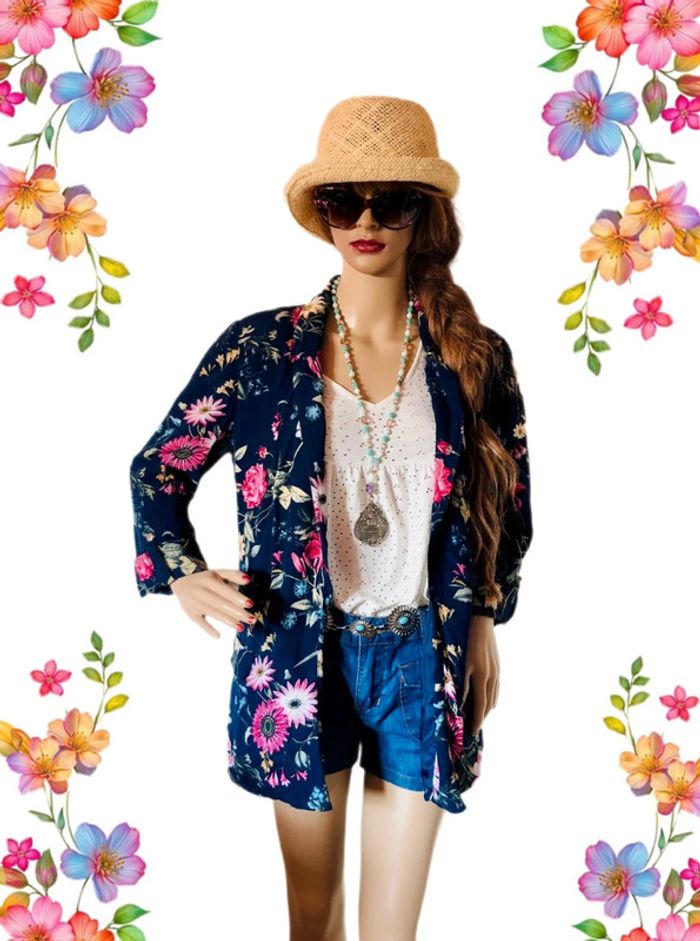 💙Joli blazer bohème marine fleuri multicolore🌸navy multicolored floral boho blazer💙 - photo numéro 7