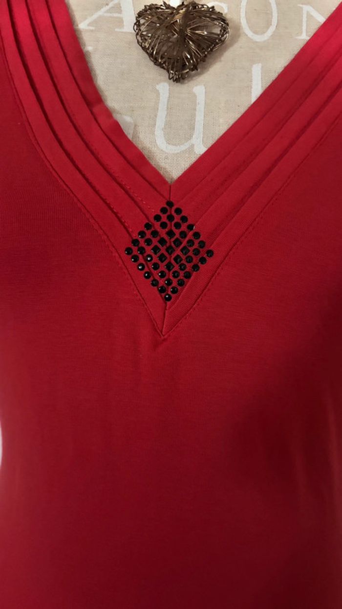 🌺 débardeur rouge col V avec strass taille 44 xxl #dpm - photo numéro 2