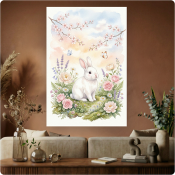 Affiche murale "Lapin Fleuri Printemps" poster animal doux fleurs déco A3 Sans cadre