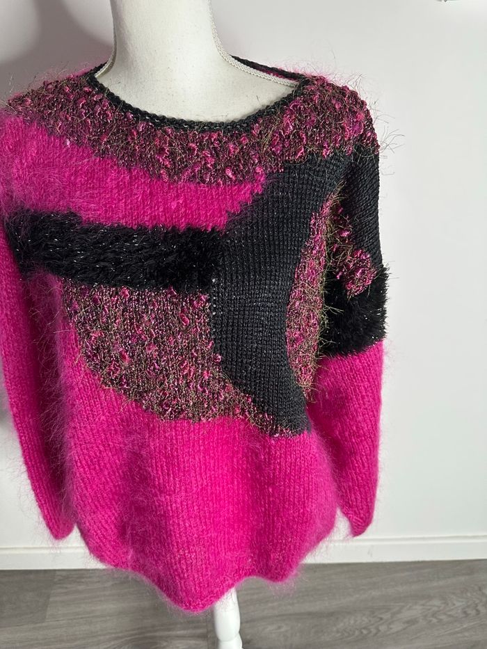 Pull oversize angora et mohair rose fuchsia et noir Anny Blatt Vintage T42 XL - photo numéro 7