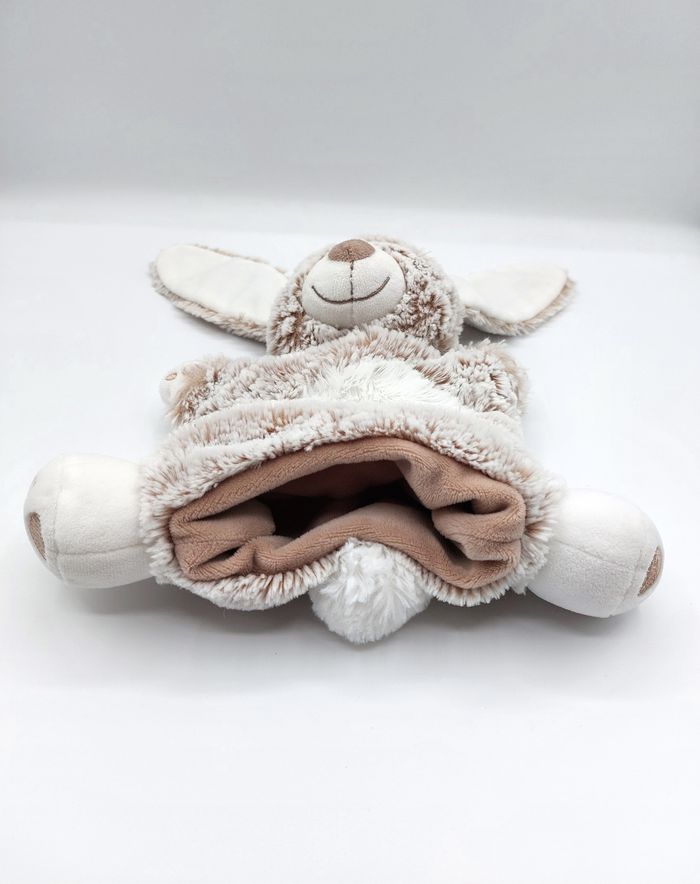 Peluche doudou lapin marionnette fourrure marron beige blanc chiné TEX - photo numéro 3