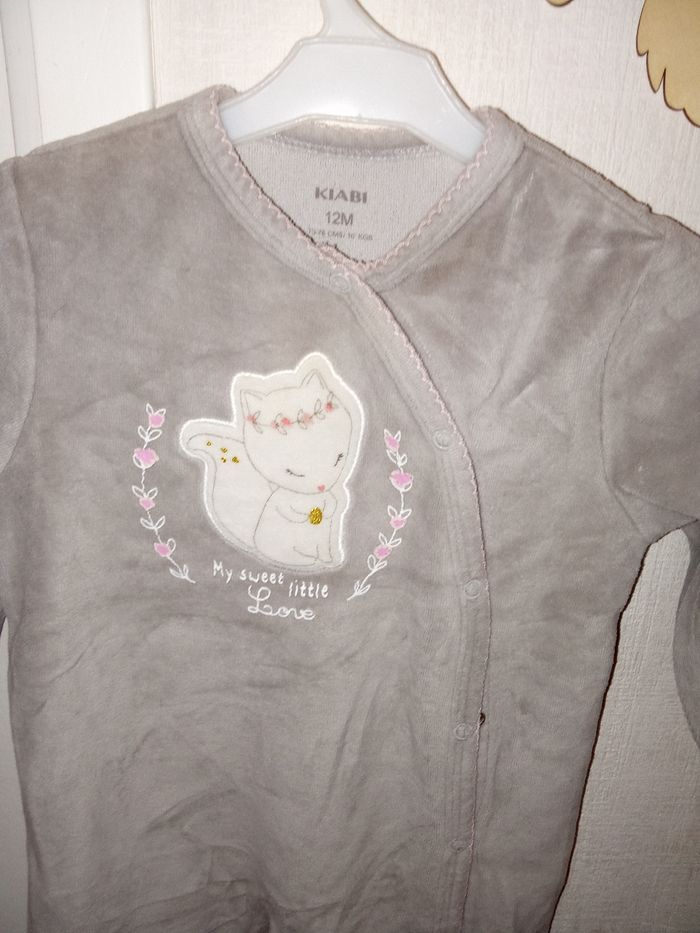 Pyjama bébé fille,  velour, hiver gris 12 mois Kiabi  motif blanc, rose - photo numéro 3
