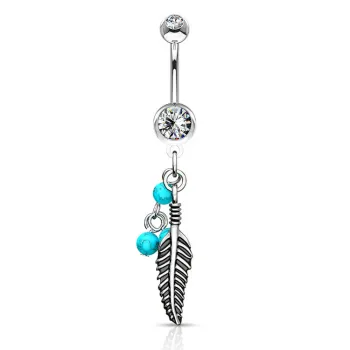 piercing nombril aile simple imitation perle bleu aqua strass blanc bijou pendentif ventre 