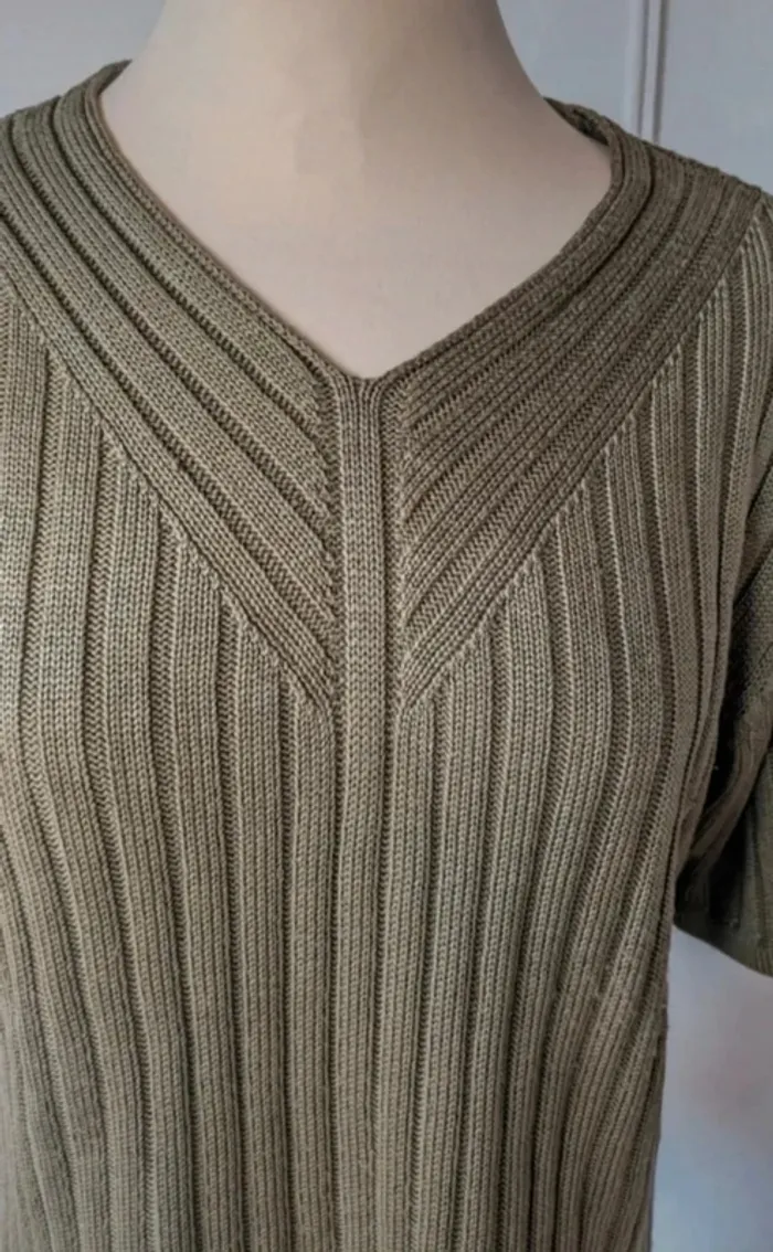 💎Pull côtelé manches courtes été femme vert kaki t l 40 xl 42 état impeccable - photo numéro 2