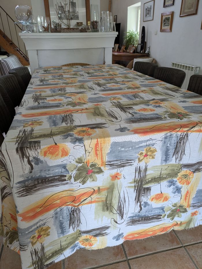 Tissu vintage lin orange gris - photo numéro 2
