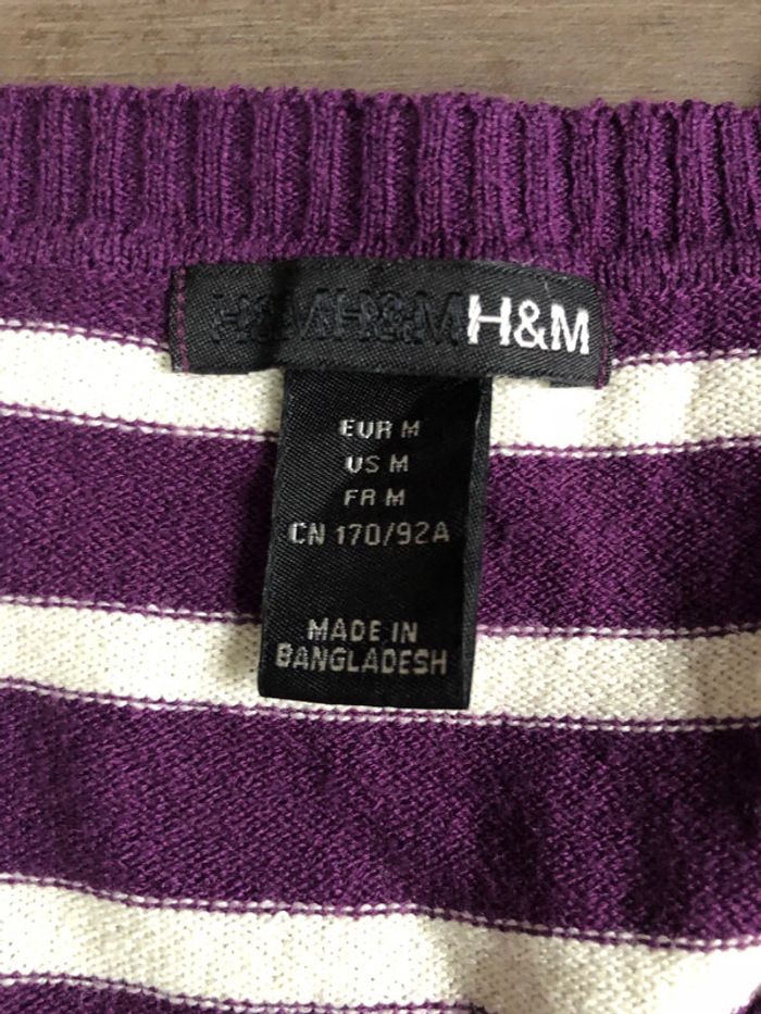 Pull rayé H&M manches 3/4 taille M violet/crème - photo numéro 2
