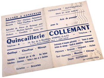 Buvard Février 1957 Quincaillerie Collemant Etampes (Essonne)  Imprimerie La Familiale Etampes
