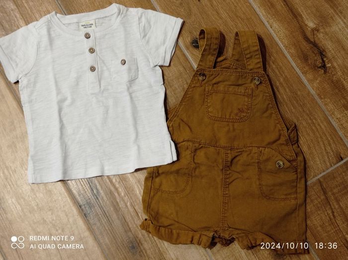 Ensemble salopette Camel + tee shirt écru 9 mois