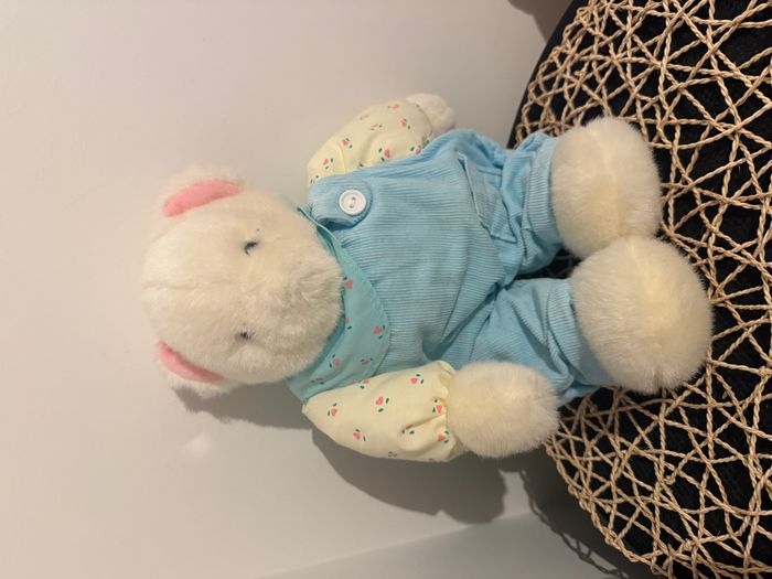 Doudou ours blanc avec salopette bleue "eden" - photo numéro 6