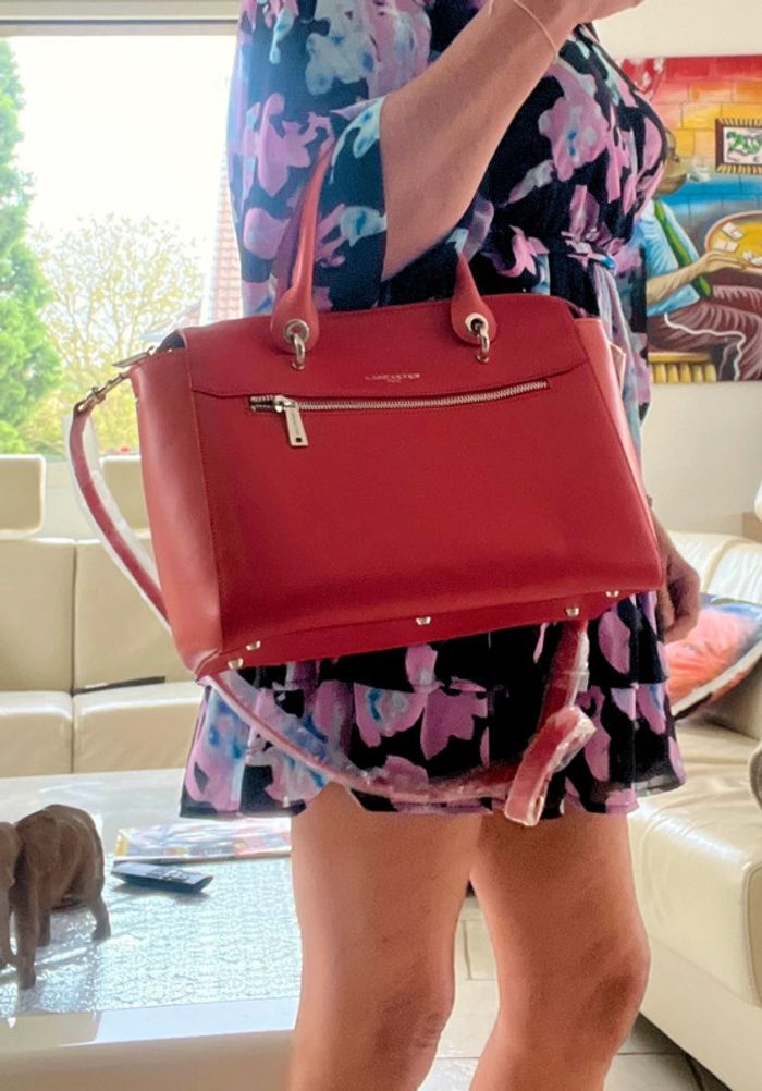 Superbe sac Lancaster tout cuir épaulé ou main rouge orange état neuf - photo numéro 5