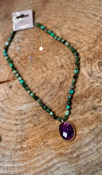 Gros collier réglable pierres malachites pendentif améthyste acier inoxydable or habaha Paris