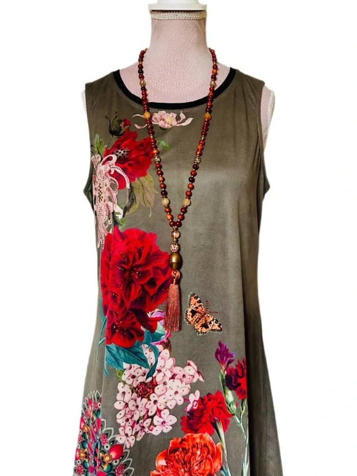 🌺🍁Robe vintage automnale kaki fleurie bohème chic S/M Autumn dress floral beaded details🍁🌺 - photo numéro 2