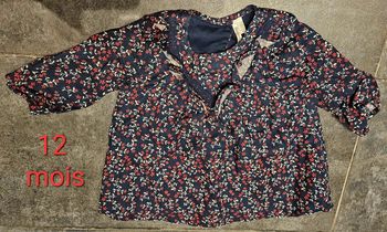 Robe de fête ou de tous les jours, bleu marine à fleurs rouges. Orchestra 12 mois, 74cm