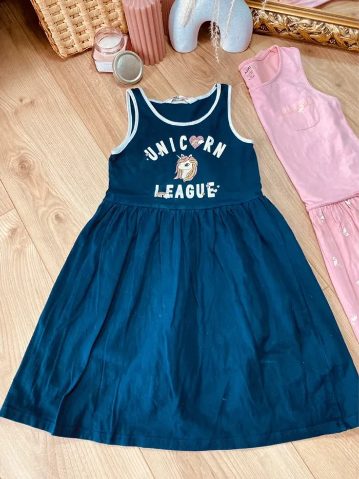 Taille 8 ans lot de 2 robes d’été fille H&M Kiabi bleu marine et rose * licorne flamant roses * 🌸 - photo numéro 2