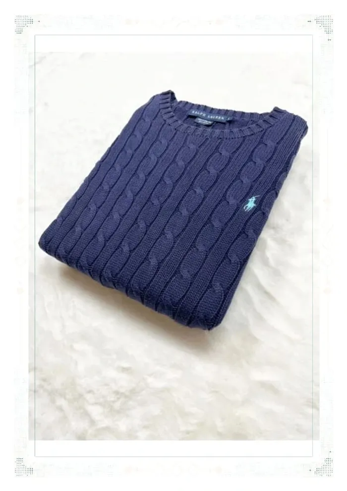 Ralph Lauren pull femme coton torsadé bleu marine col rond taille L