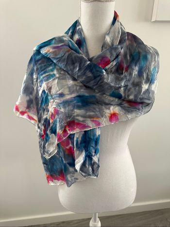 Étole foulard en soie tie and dye bleu rose gris Vintage 45x140cm