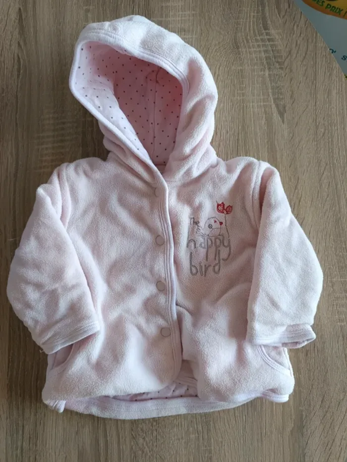 Manteau chaud veste polaire à capuche rose oiseau bébé fille 6 mois Kitchoun
