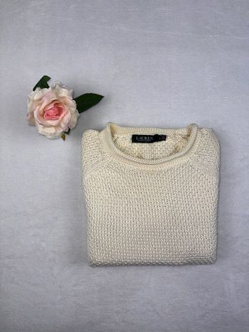 Pull femme Ralph Lauren beige clair / écru 100% coton Taille L femme maille épaisse premium #02225