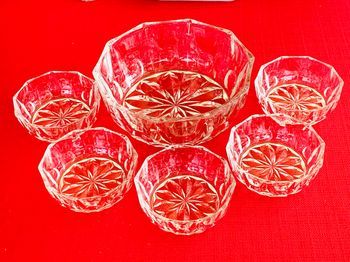 Bol saladier + 5 petits bols en verre très épais, motif rosaces