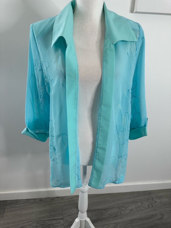 Kimono blouse broderies fleurs bleue turquoise Vintage T40 L - photo numéro 2