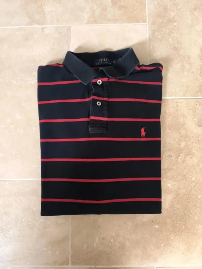 Polo Ralph Lauren homme XL noir rayures et logo rouge parfait état