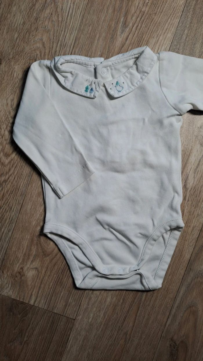 Body manches longues blanc col claudine brodé mixte fille garçon Jacadi 6 mois - photo numéro 2