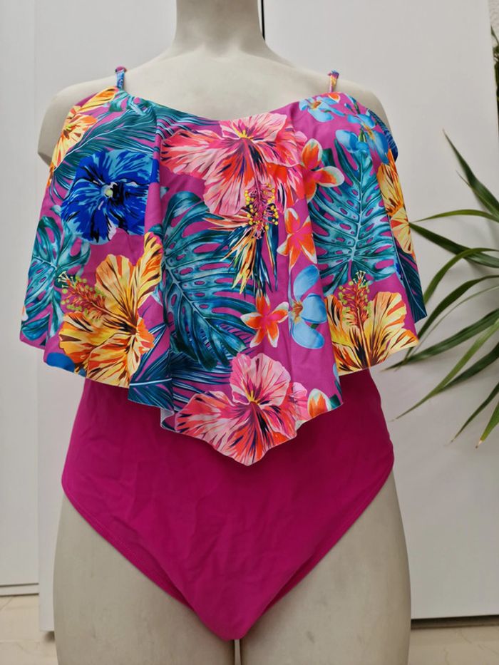 Maillot De Bain Une Piece Fuchsia Volants Imprimé Fleurs Hibiscus - photo numéro 10