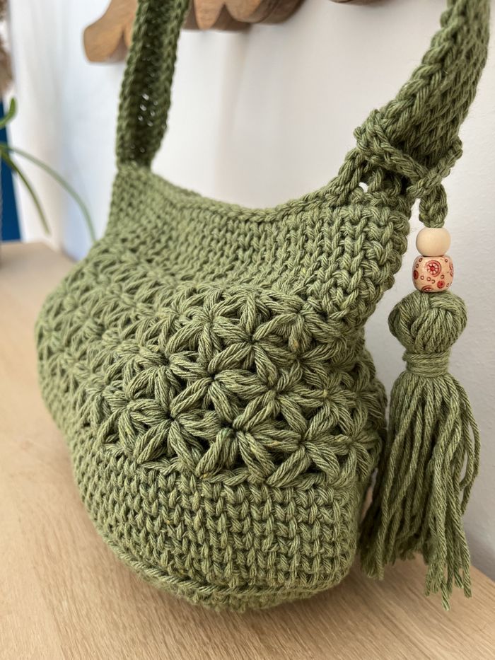 sac bohème au crochet, sac bandoulière, sac à main en coton vert - photo numéro 5